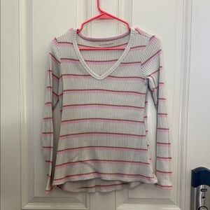 American Eagle Outfitters White and Pink Striped Ribbed V-Neck Long Sleeve Top